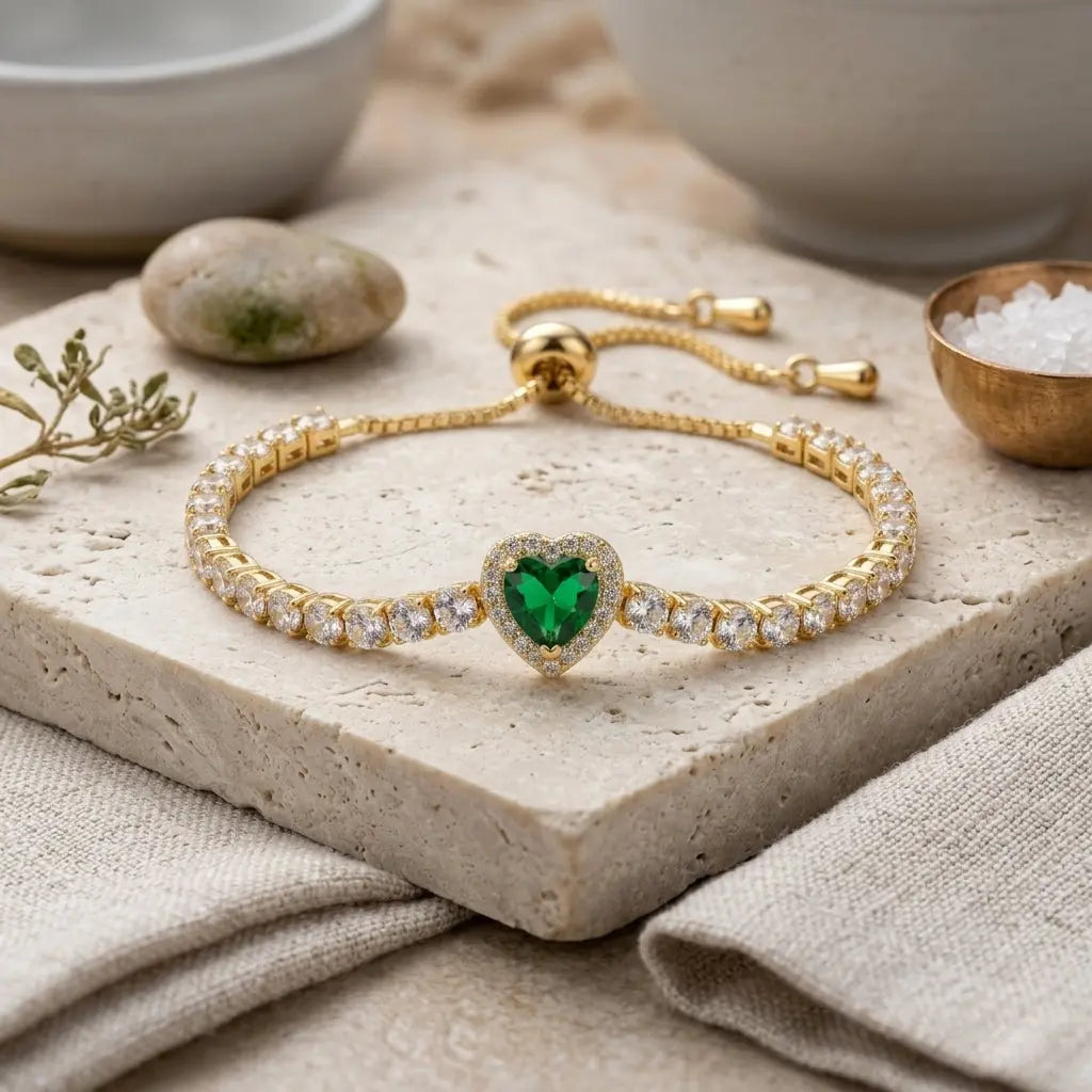 Adjustable Heart Tennis Bracelet - Green | Salty
