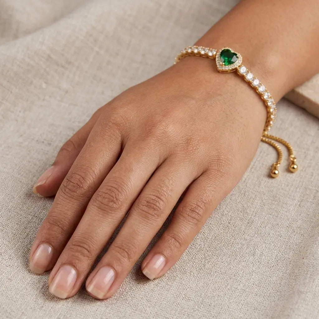 Adjustable Heart Tennis Bracelet - Green | Salty