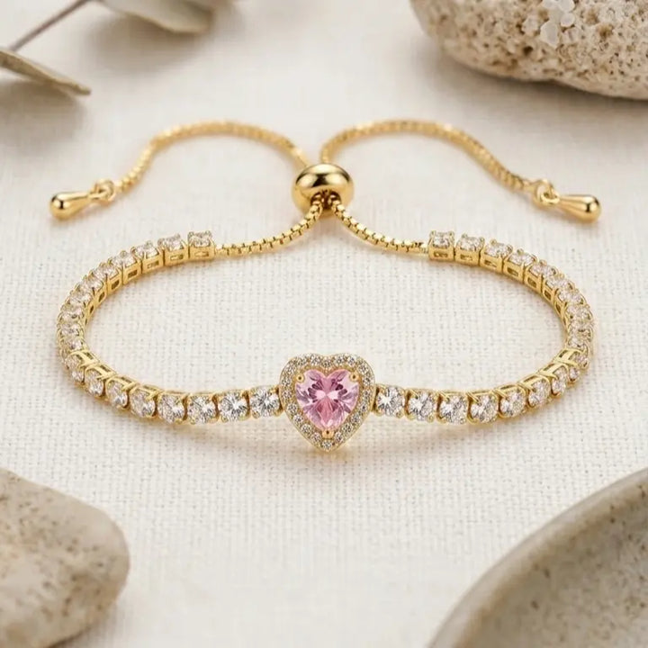 Adjustable Heart Tennis Bracelet - Pink | Salty