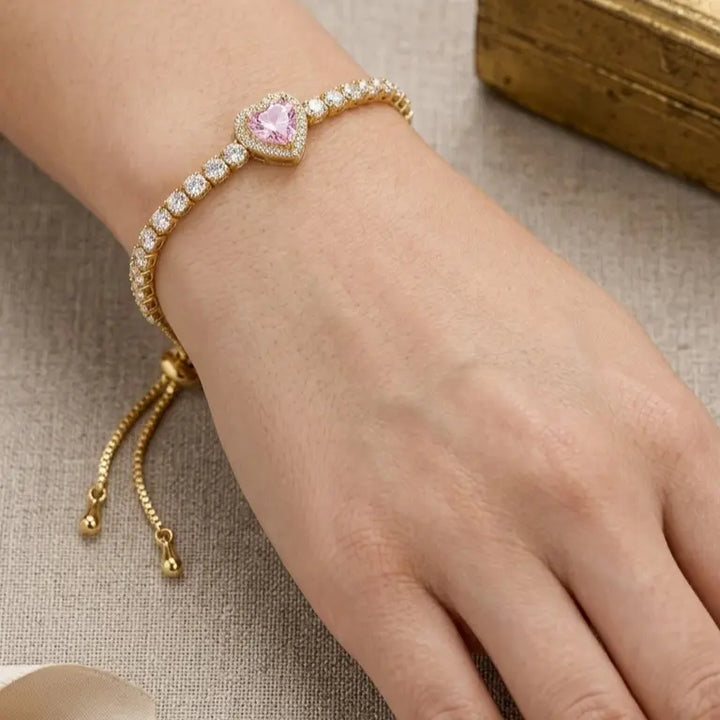 Adjustable Heart Tennis Bracelet - Pink | Salty
