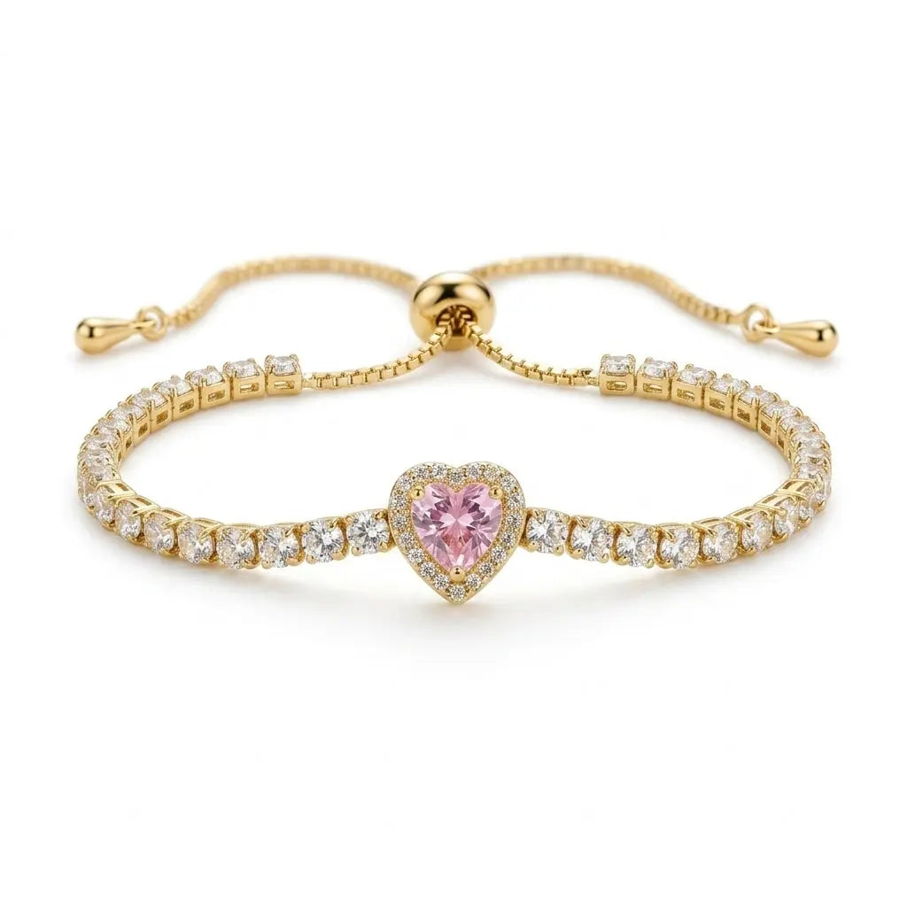 Adjustable Heart Tennis Bracelet - Pink | Salty