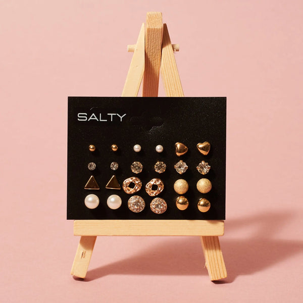 "All Things Gold" Diamond Triangle Heart Inlaid 12 Pairs Stud Earrings