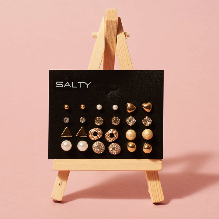 "All Things Gold" Diamond Triangle Heart Inlaid 12 Pairs Stud Earrings | Salty