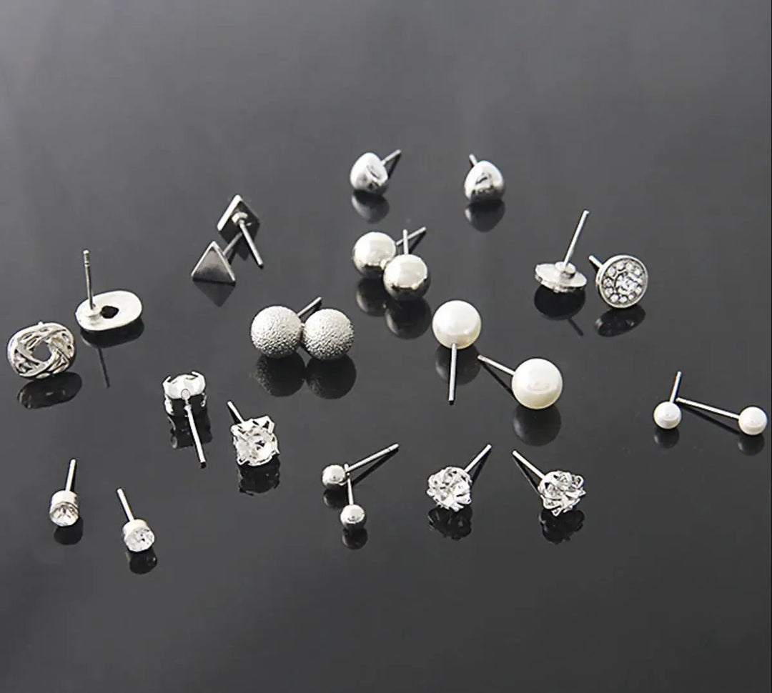 "All Things Silver" Diamond Triangle Heart Inlaid 12 Pairs Stud Earrings