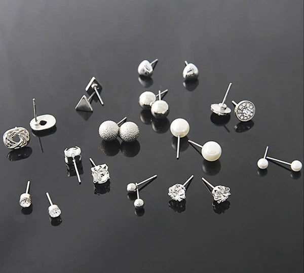 "All Things Silver" Diamond Triangle Heart Inlaid 12 Pairs Stud Earrings