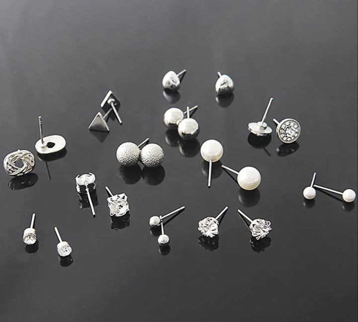 "All Things Silver" Diamond Triangle Heart Inlaid 12 Pairs Stud Earrings