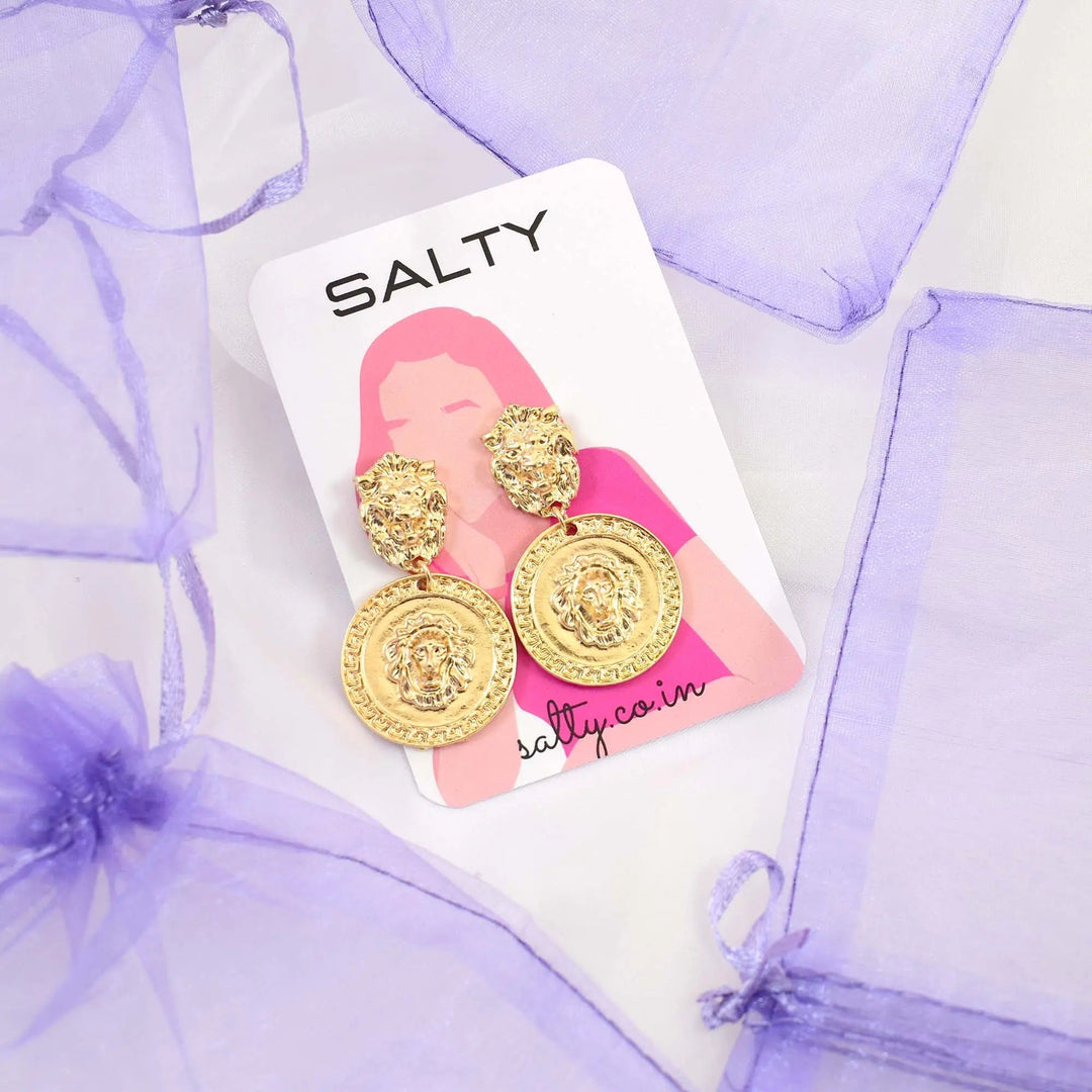 Carved Lion Dented Gold Stud Earrings