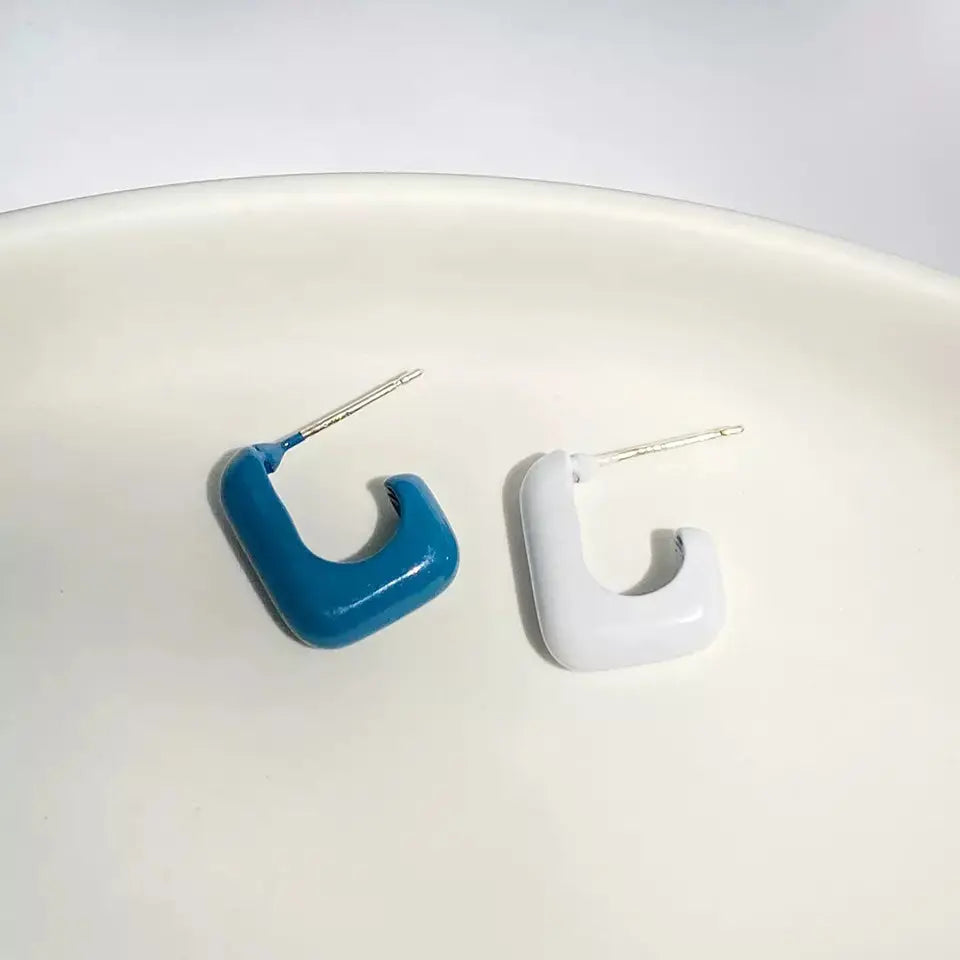 Asymmetric Square Enamel Small Hoop Earrings - Blue White - Salty Accessories