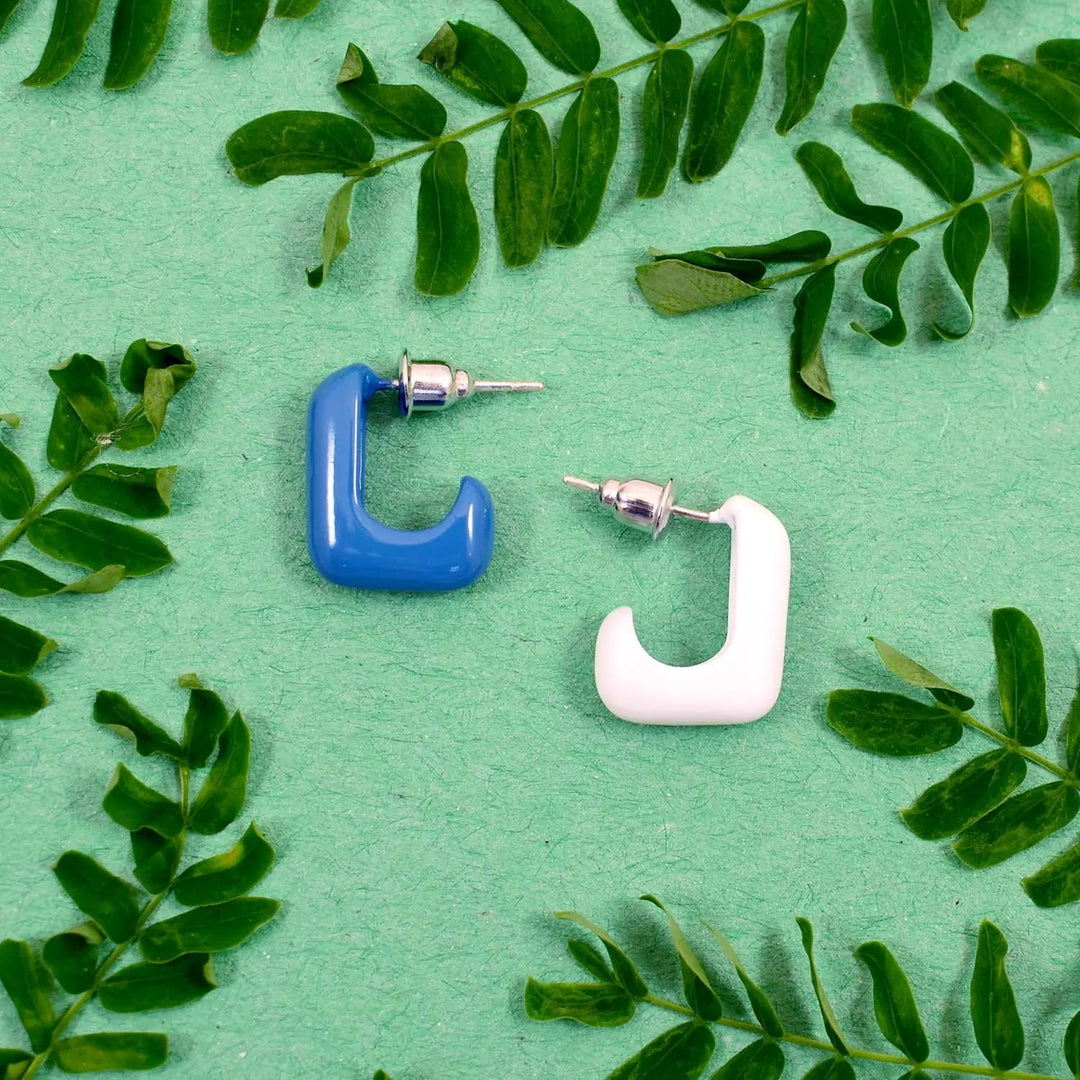 Asymmetric Square Enamel Small Hoop Earrings - Blue White - Salty Accessories