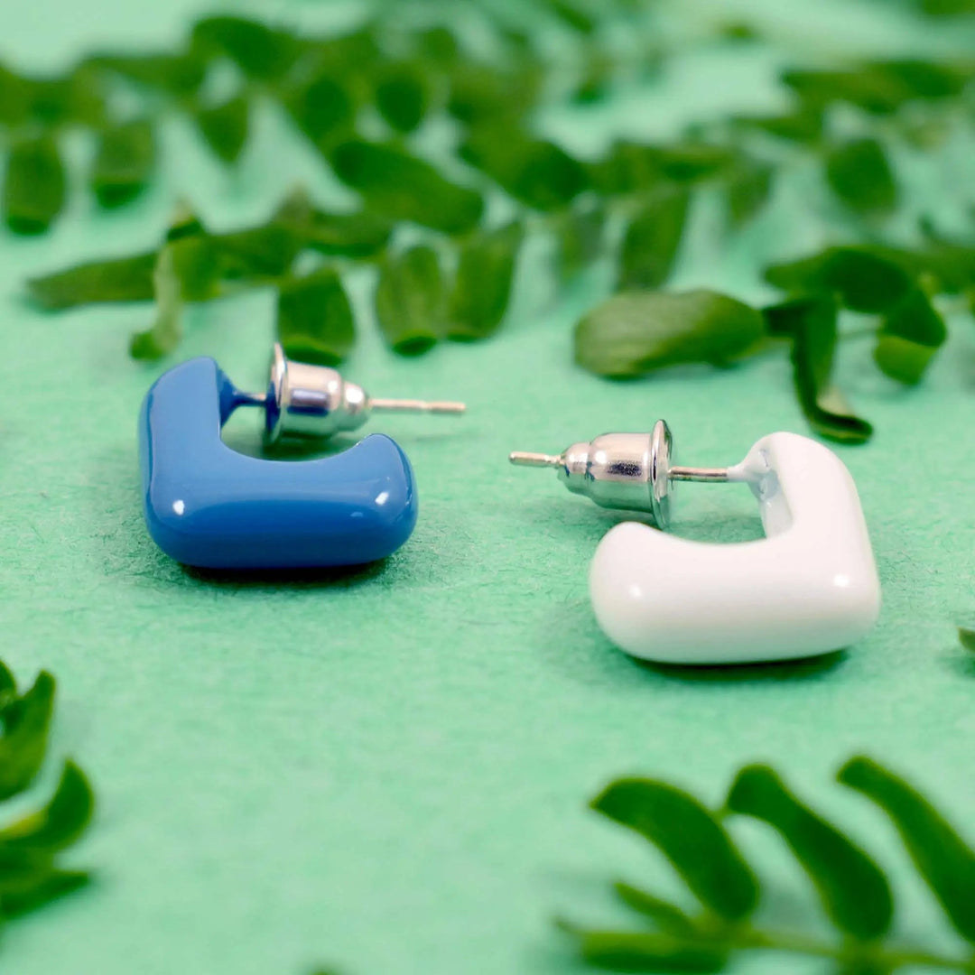 Asymmetric Square Enamel Small Hoop Earrings - Blue White - Salty Accessories