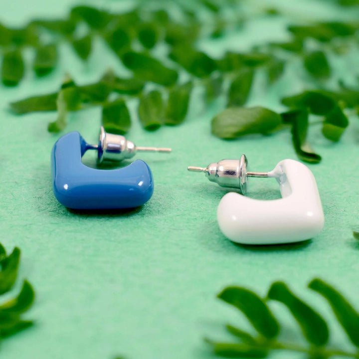 Asymmetric Square Enamel Small Hoop Earrings - Blue White - Salty Accessories