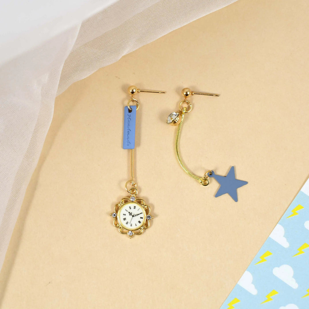 Asymmetrical Clock and Star Long Drop Earrings