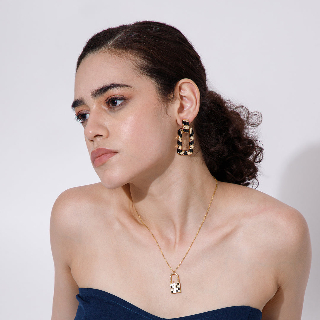 Retro black & White Check Necklace and Earrings Combo