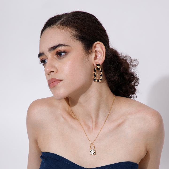 Retro black & White Check Necklace and Earrings Combo