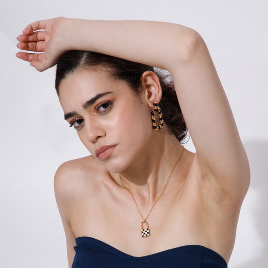 Retro black & White Check Necklace and Earrings Combo