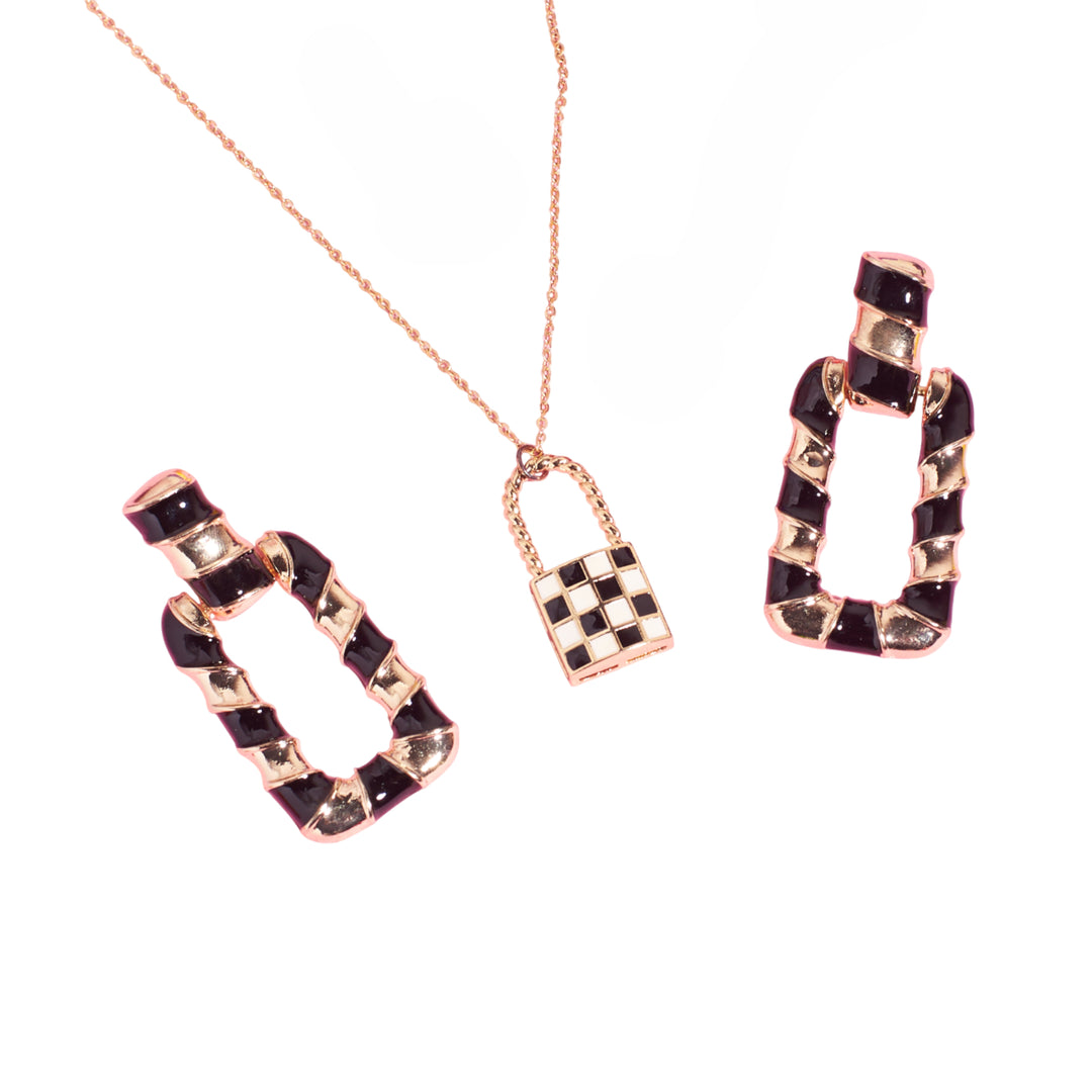 Retro black & White Check Necklace and Earrings Combo
