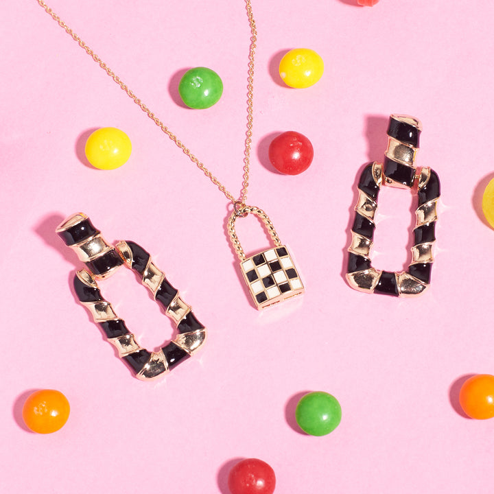 Retro black & White Check Necklace and Earrings Combo