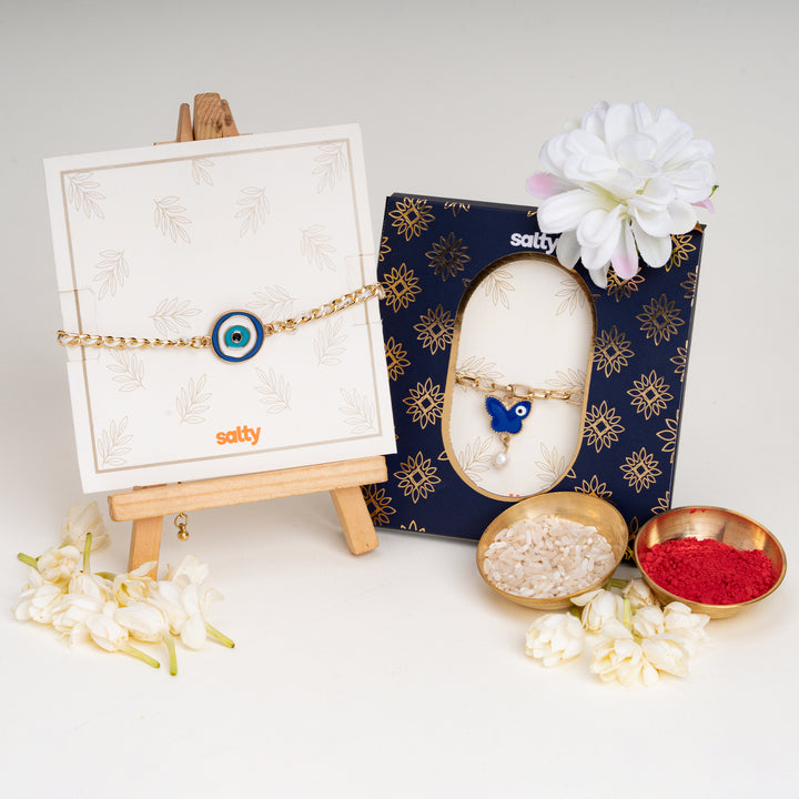 Rangoli Butterfly Evil Eye Rakhi Set for Bhaiya &amp; Bhabhi