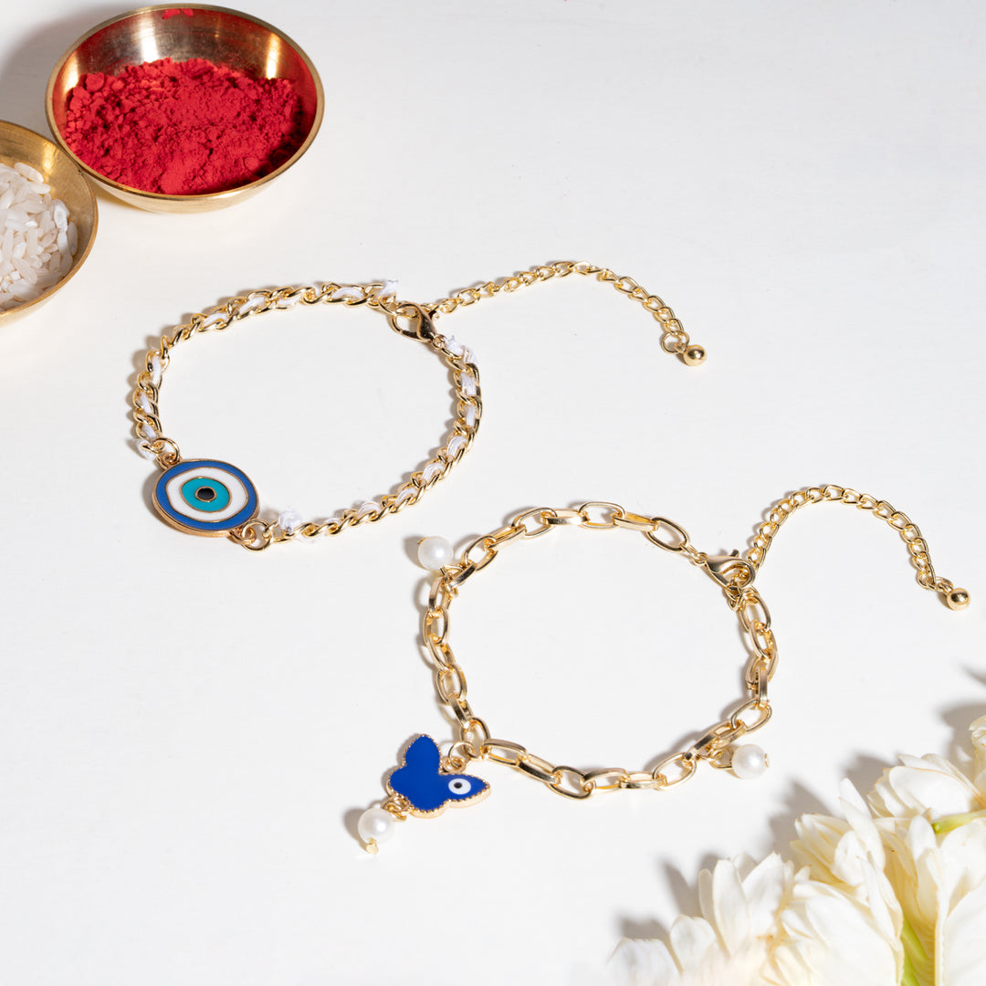 Rangoli Butterfly Evil Eye Rakhi Set for Bhaiya &amp; Bhabhi