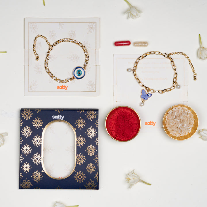 Rangoli Butterfly Evil Eye Rakhi Set for Bhaiya &amp; Bhabhi
