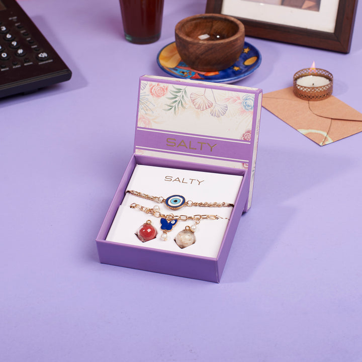 Butterfly Themed Evil Eye Rakhi Set for Bhaiya Bhabhi