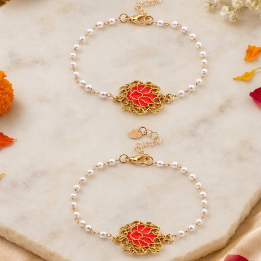 Handcrafted Serenity Red Lotus Charm Rakhi for Brother - Pack of 2