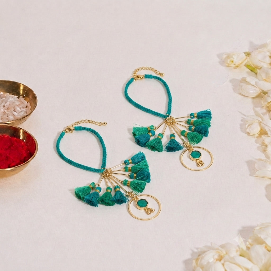 Green Tassel And Enamel Lumba Bandhan Rakhi For Her (Set of 2)