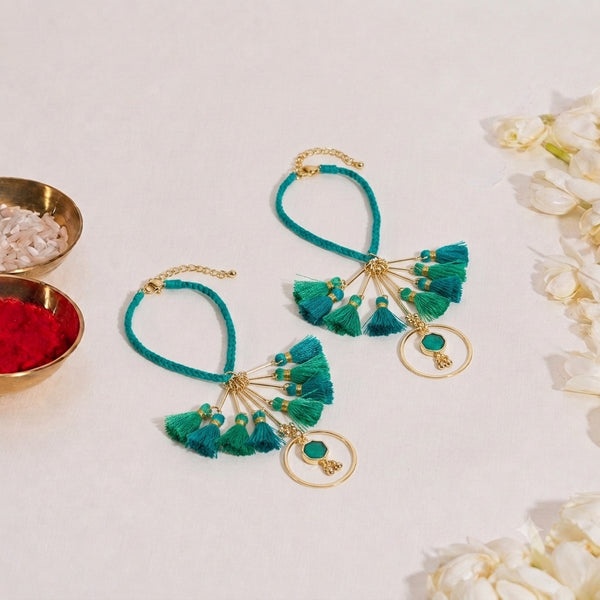 Green Tassel And Enamel Lumba Bandhan Rakhi For Her (Set of 2)