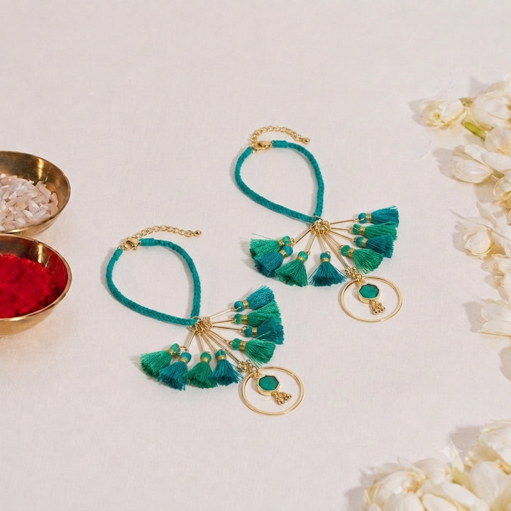Green Tassel And Enamel Lumba Bandhan Rakhi For Her (Set of 2)