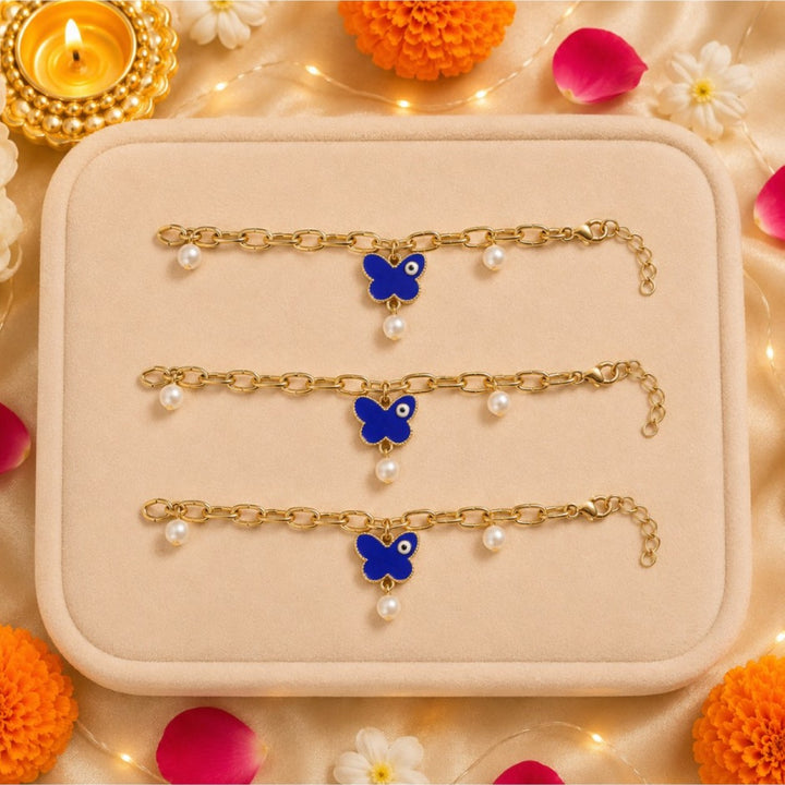 Anti Tarnish Butterfly Painted Evil Eye Rakhi for Brother- Pack of 3