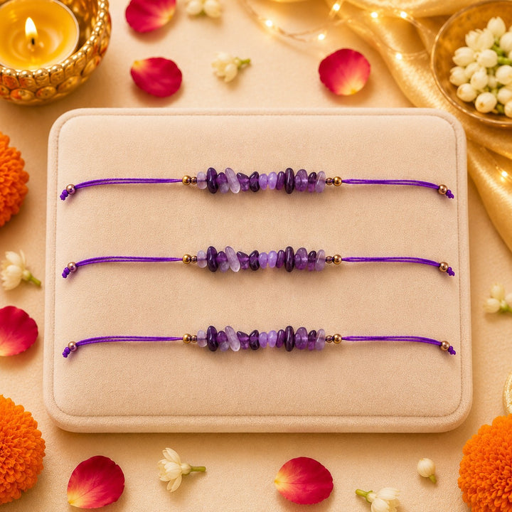 Amethyst Healing Stone Designer Thread Rakhi - Pack of 3