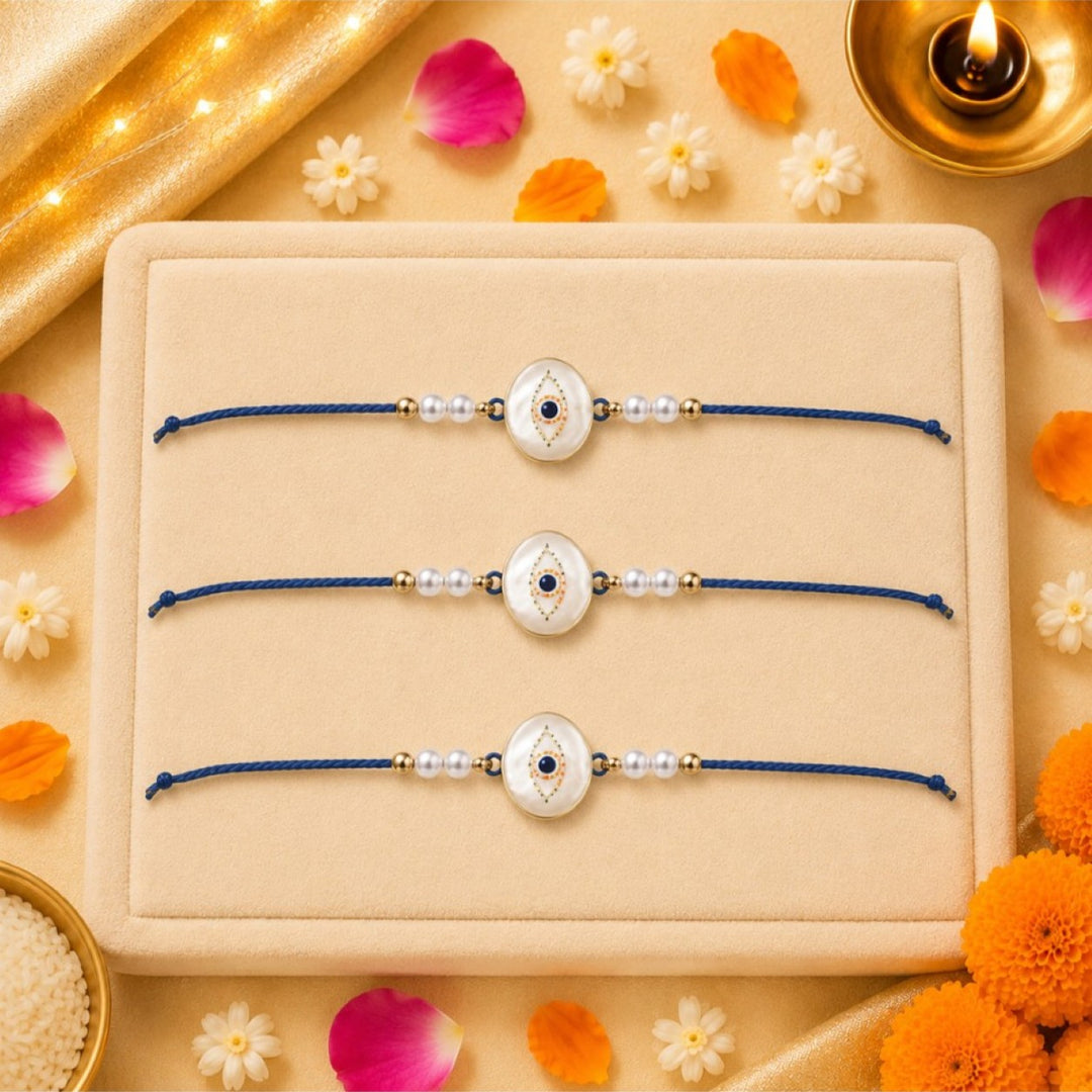 Mens Guardian Gaze Pearl Evil Eye Designer Thread Rakhi for Brother - Pack of 3