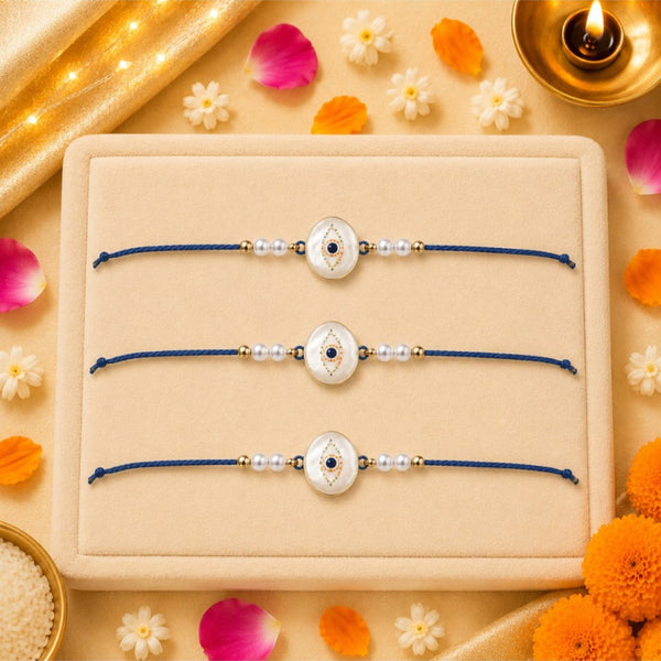Mens Guardian Gaze Pearl Evil Eye Designer Thread Rakhi for Brother - Pack of 3