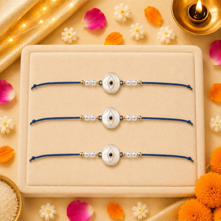 Mens Guardian Gaze Pearl Evil Eye Designer Thread Rakhi for Brother - Pack of 3