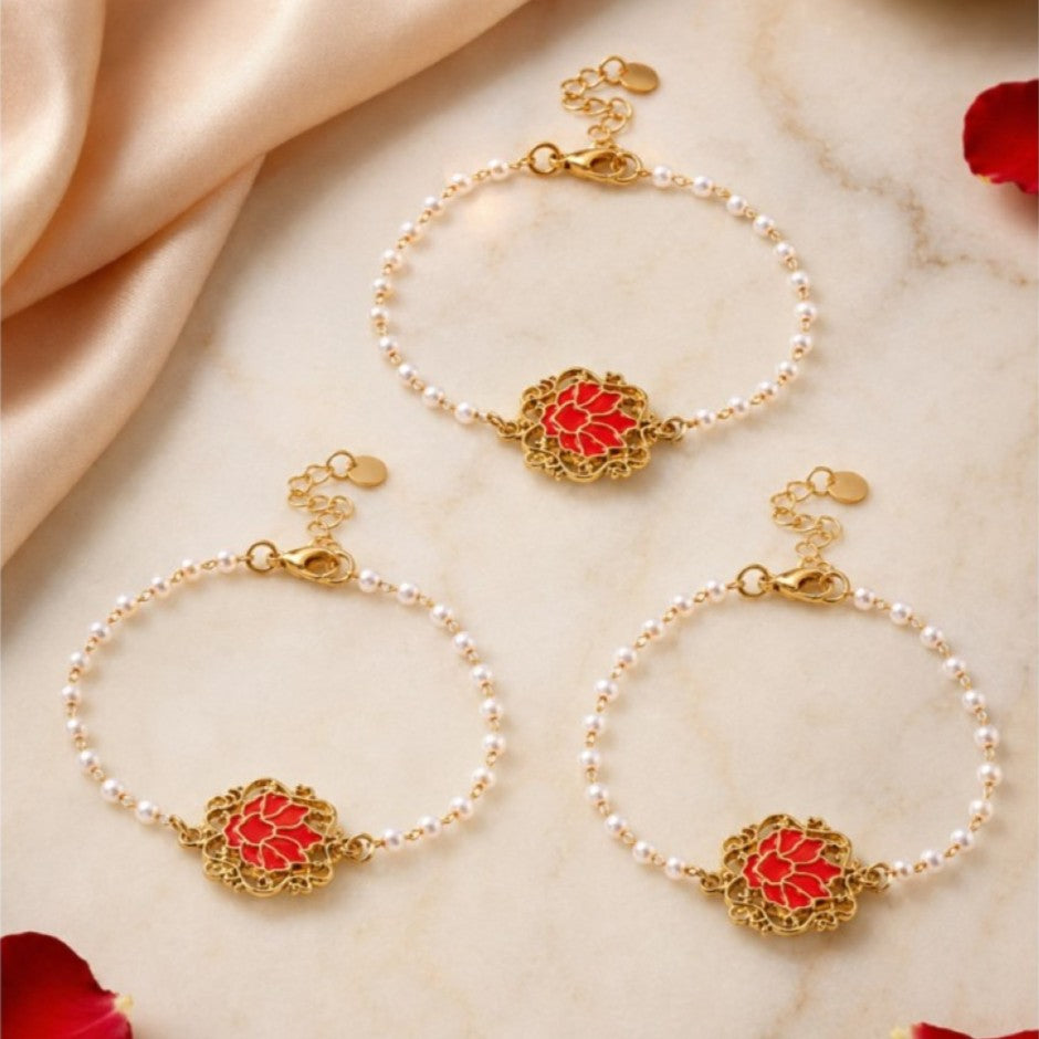 Handcrafted Serenity Red Lotus Charm Rakhi for Brother - Pack of 3