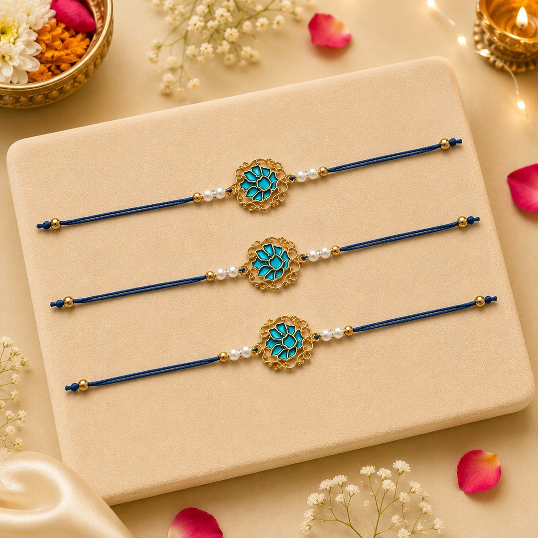 Men Tranquil Lotus Pearl Designer Thread Rakhi - Pack of 3