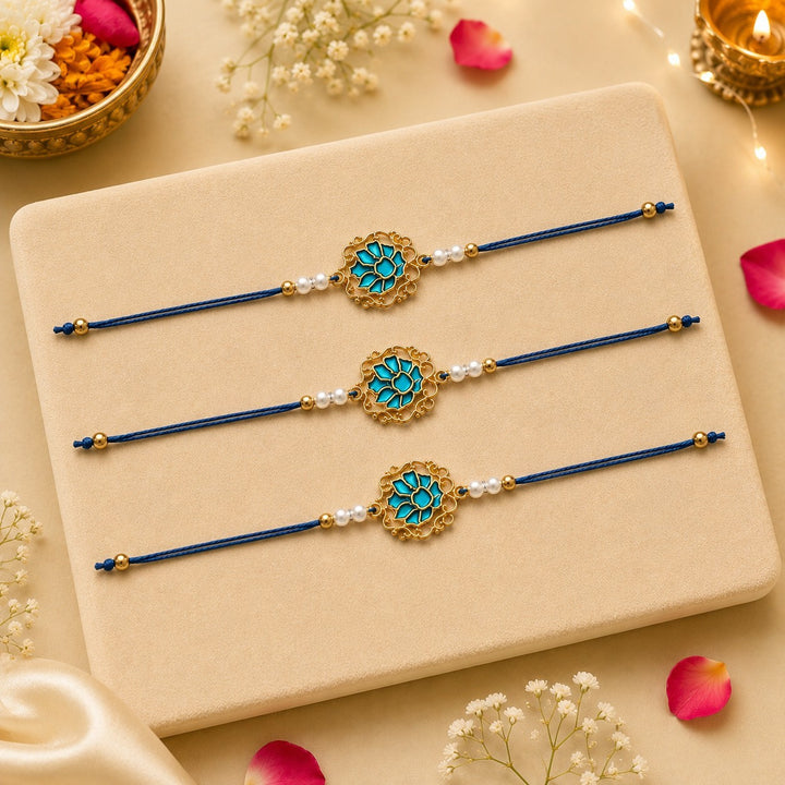 Men Tranquil Lotus Pearl Designer Thread Rakhi - Pack of 3