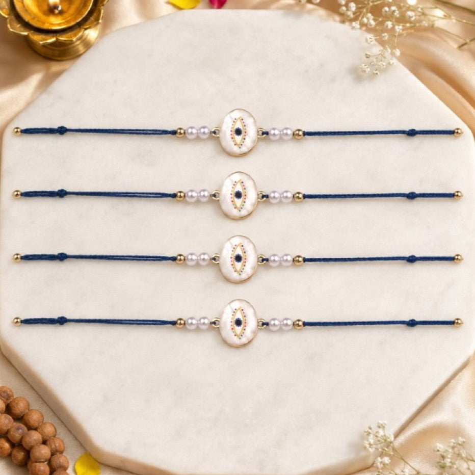 Mens Guardian Gaze Pearl Evil Eye Designer Thread Rakhi for Brother - Pack of 4