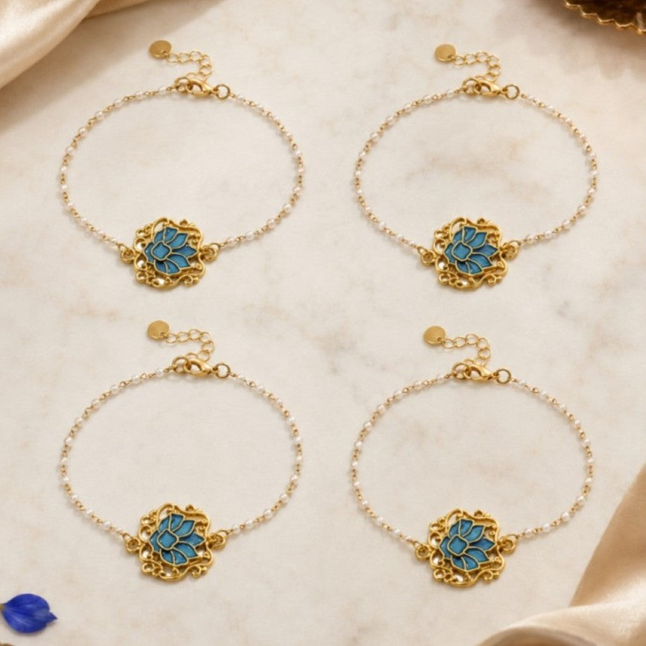 Handcrafted Serenity Blue Lotus Charm Rakhi for Brother - Pack of 4