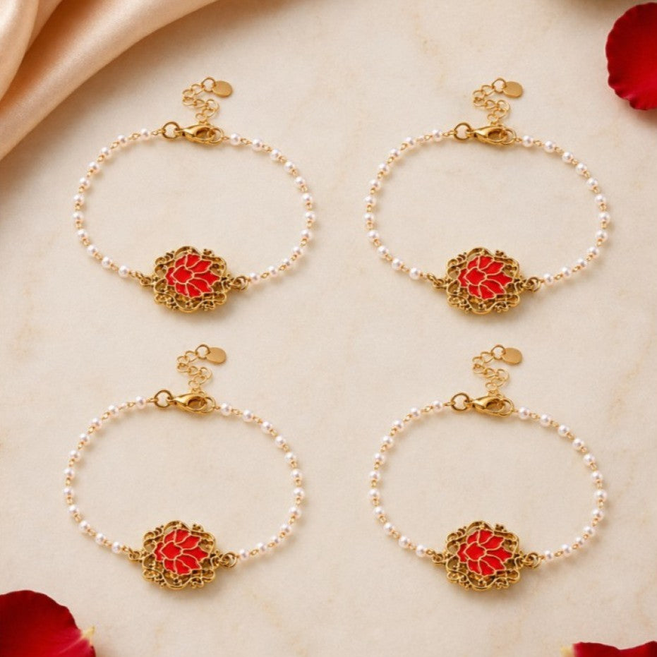 Handcrafted Serenity Red Lotus Charm Rakhi for Brother - Pack of 4