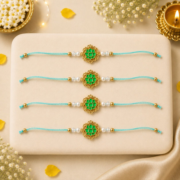 Tranquil Lotus Pearl Designer Thread Rakhi for Brother - Pack of 4