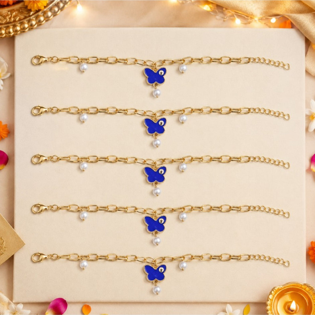 Anti Tarnish Butterfly Painted Evil Eye Rakhi for Brother- Pack of 5