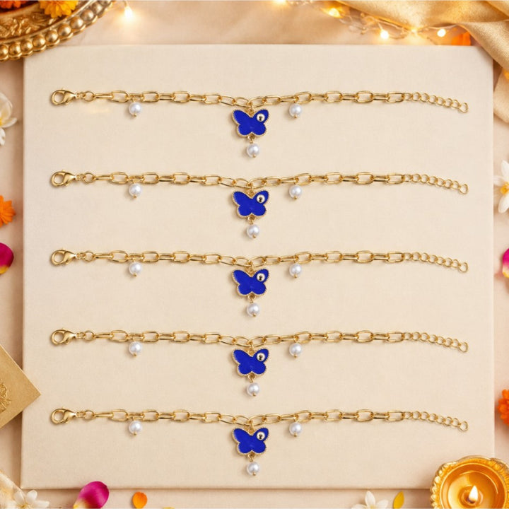 Anti Tarnish Butterfly Painted Evil Eye Rakhi for Brother- Pack of 5
