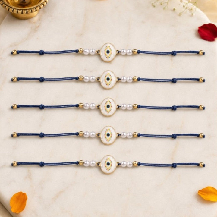 Mens Guardian Gaze Pearl Evil Eye Designer Thread Rakhi for Brother - Pack of 5