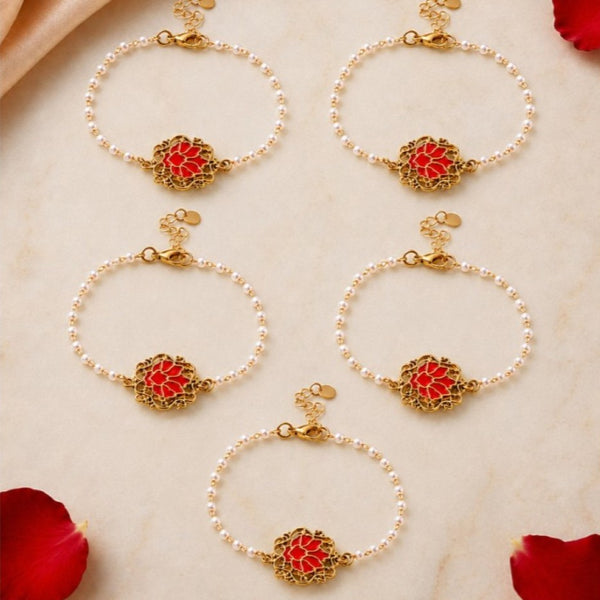 Handcrafted Serenity Red Lotus Charm Rakhi for Brother - Pack of 5