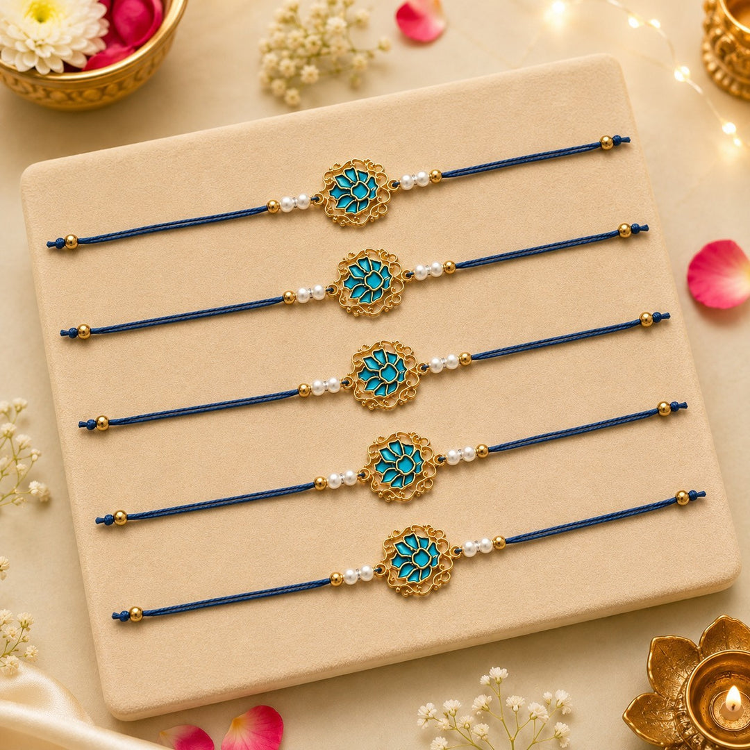 Men Tranquil Lotus Pearl Designer Thread Rakhi - Pack of 5