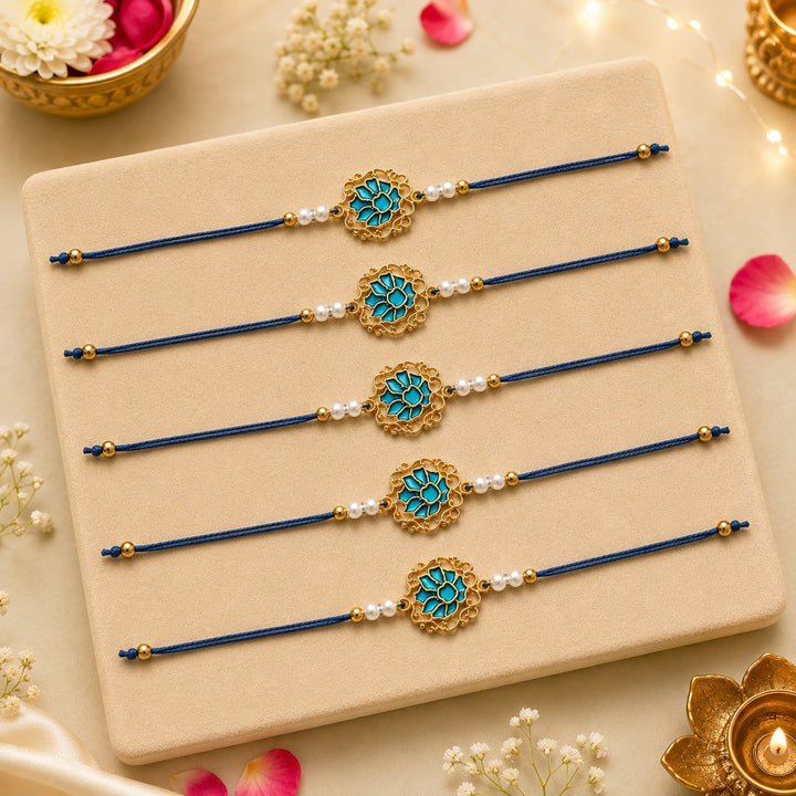 Men Tranquil Lotus Pearl Designer Thread Rakhi - Pack of 5