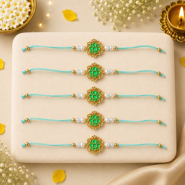 Tranquil Lotus Pearl Designer Thread Rakhi for Brother - Pack of 5