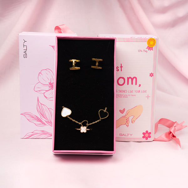 Mother’s Day Special – Heart Charm Bracelet with Reversible Clover Earrings & Ring Gift Set For Mothers.