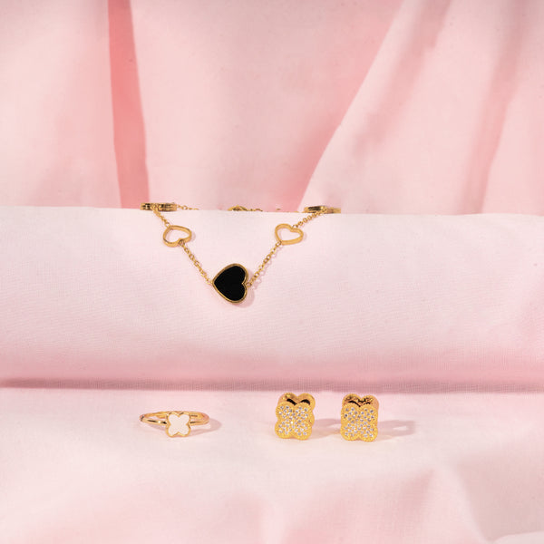 Mother’s Day Special – Heart Charm Bracelet with Reversible Clover Earrings & Ring Gift Set For Mothers.